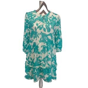 Duffield Lane Drake Dress Aqua Floral Large Cotton Lined Layered 3/4 Sleeves
